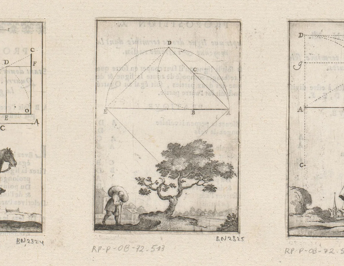 Uiteinde van een diagonaal van een vierkant met onderaan een lastdragende man bij een boom by Sébastien Leclerc, print, 1669
