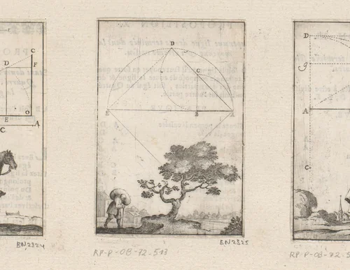 Uiteinde van een diagonaal van een vierkant met onderaan een lastdragende man bij een boom by Sébastien Leclerc, print, 1669