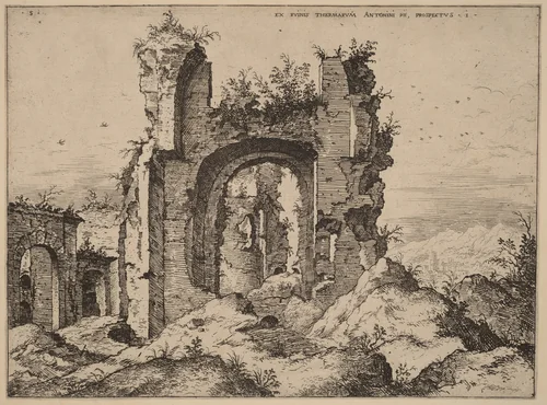 View of the Baths of Caracalla by Hieronymus Cock, print, 1550