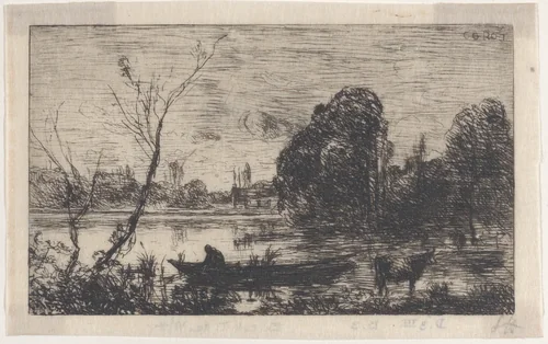 Ville d'Avray: Boatman on a Pond (Evening Effect) by Camille Corot, print, 1862