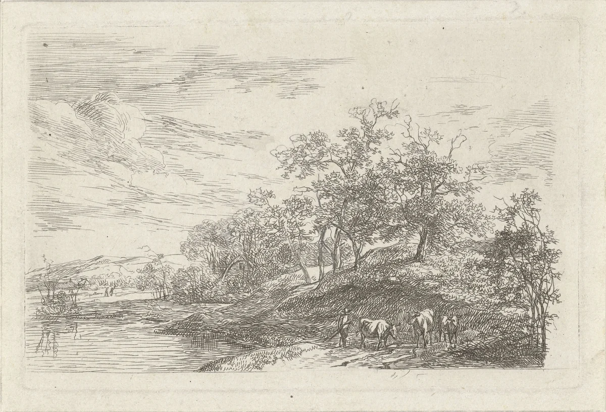Herder met drie koeien by Hermanus Fock, print, 1781-1822