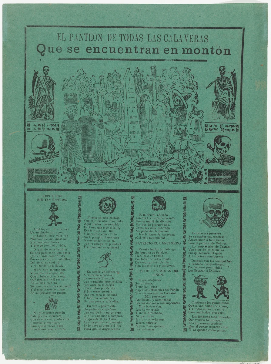 The pantheon of all the skeletons who are eating and drinking in a cemetery (Posada); flanked by skeletons holding scythes (Manilla) by José Guadalupe Posada, print, 1905