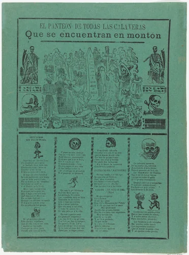 The pantheon of all the skeletons who are eating and drinking in a cemetery (Posada); flanked by skeletons holding scythes (Manilla) by José Guadalupe Posada, print, 1905