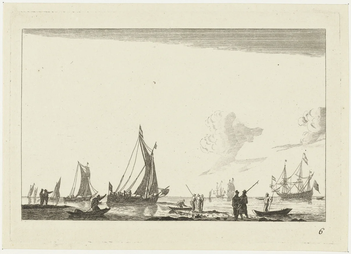 Binnenwater met verschillende zeilschepen by anonymous, print, 1700-1799