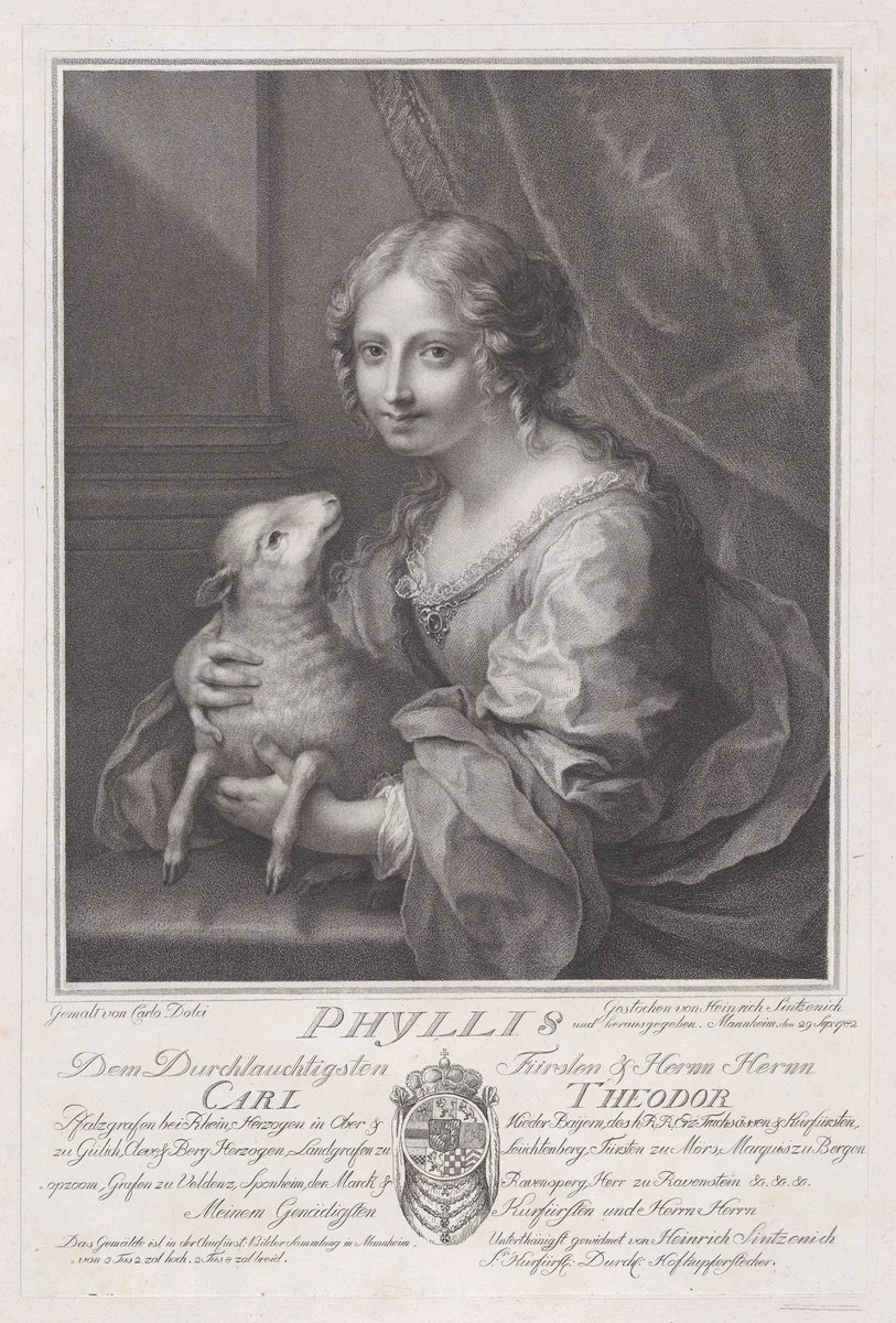 Phyllis holding a lamb by Heinrich Sintzenich, print, 1782
