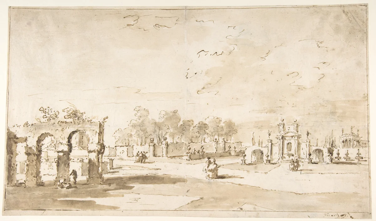 Gardens of the Villa Correr, near Strà (recto); Study for The Transverberation of Saint Teresa of Jesus and a Study of Hands (verso) by Francesco Guardi, drawing, 1712-1793