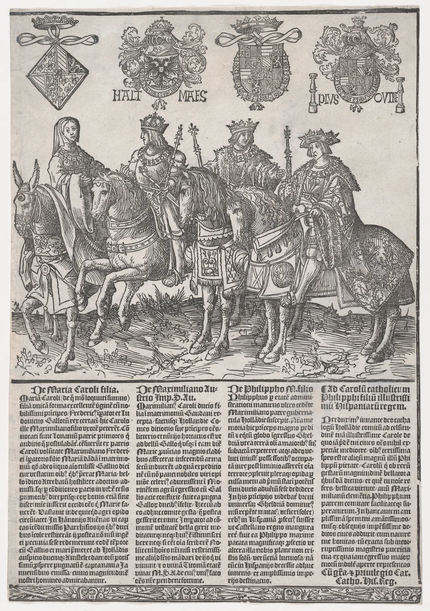Procession of the Counts and Countess of Holland on Horseback: Mary of Burgundy, Maximilian I, Philip the Fair, and Charles V by Jacob Cornelisz van Oostsanen, print, 1518