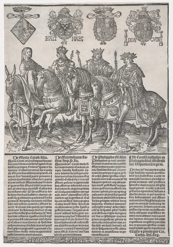 Procession of the Counts and Countess of Holland on Horseback: Mary of Burgundy, Maximilian I, Philip the Fair, and Charles V by Jacob Cornelisz van Oostsanen, print, 1518