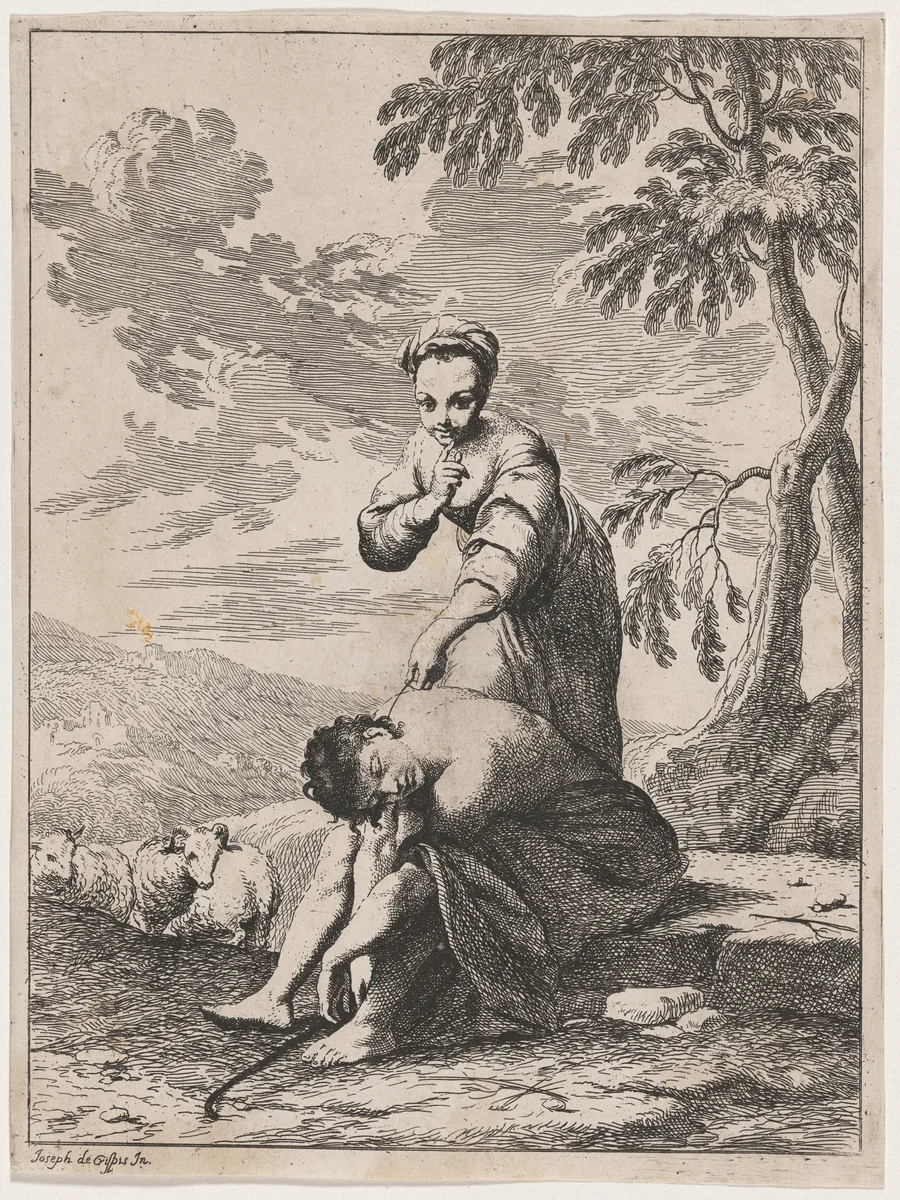 Sleeping Shepherd Tickled by a Shepherdess by Giuseppe Maria Crespi, print, 1731-1741