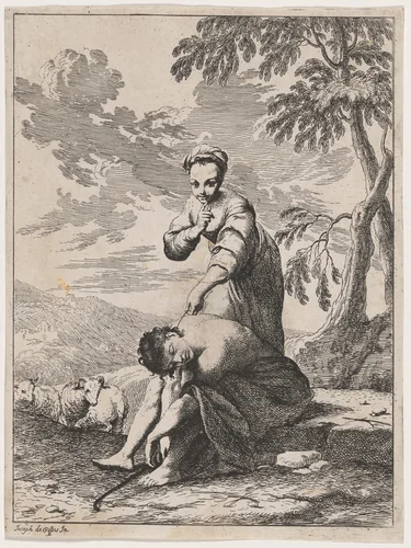 Sleeping Shepherd Tickled by a Shepherdess by Giuseppe Maria Crespi, print, 1731-1741