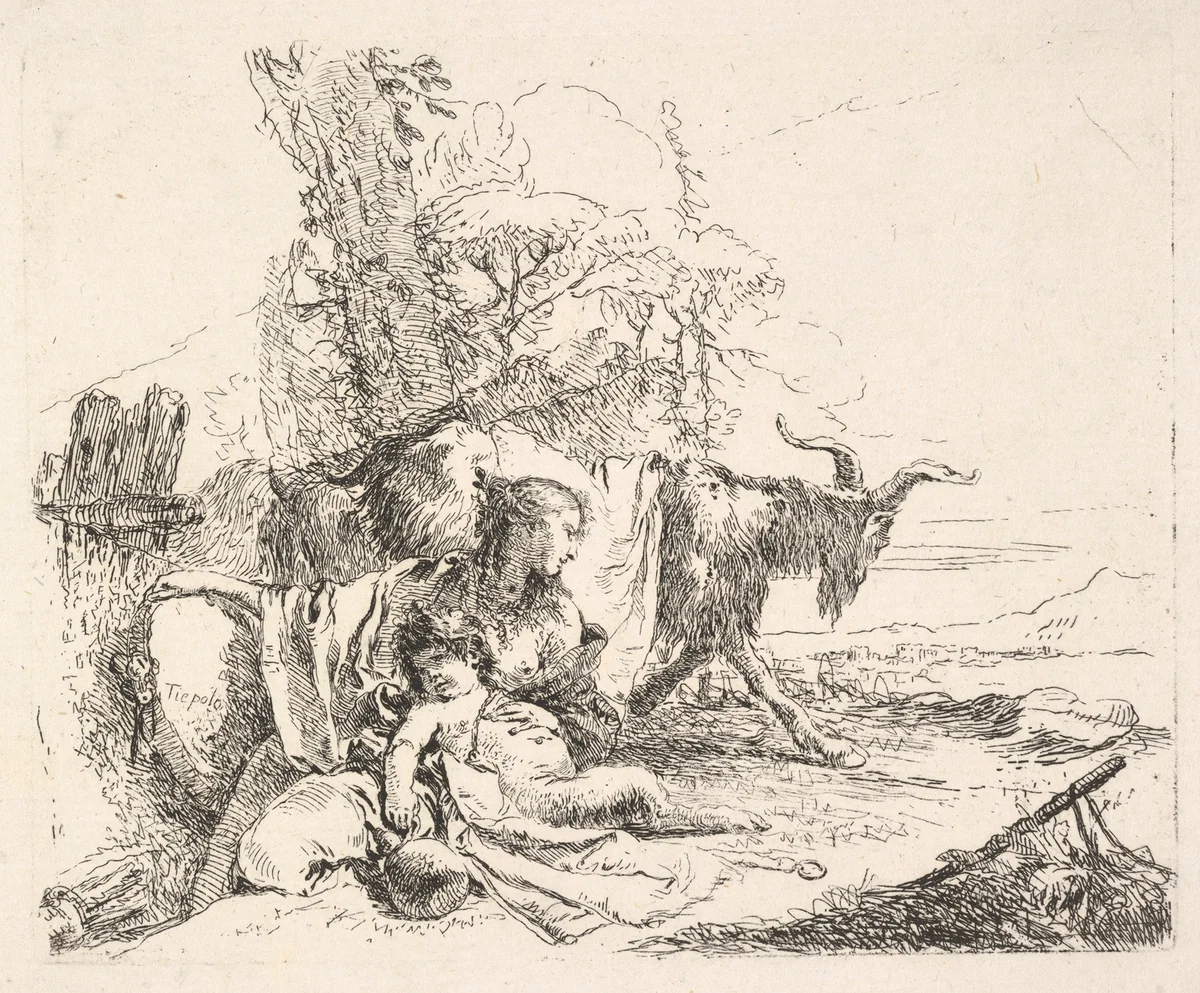 Woman and infant satyr in a landscape, the woman twisting to look over her left shoulder, a horned goat striding toward the background, from "The Capricci" by Giovanni Battista Tiepolo, print, 1740-1742