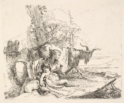 Woman and infant satyr in a landscape, the woman twisting to look over her left shoulder, a horned goat striding toward the background, from "The Capricci" by Giovanni Battista Tiepolo, print, 1740-1742