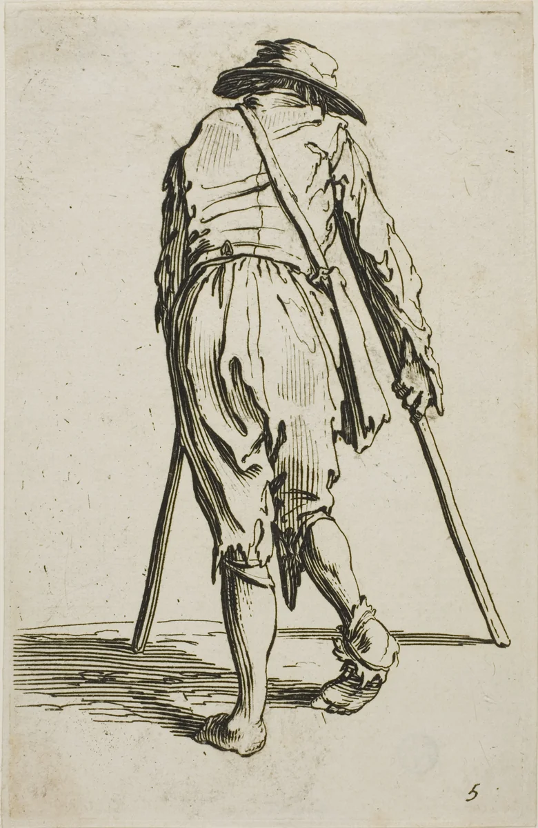 Beggar on Crutches and Wearing a Hat, seen from Back, plate five from The Beggars by Jacques Callot, print, 1617-1627