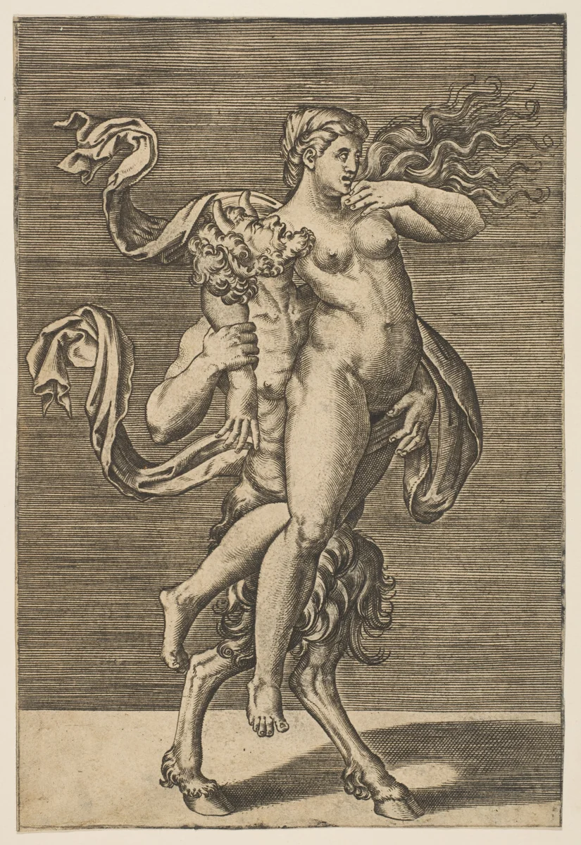Satyr carrying a nymph restraining her right arm by anonymous, print, 1515-1600