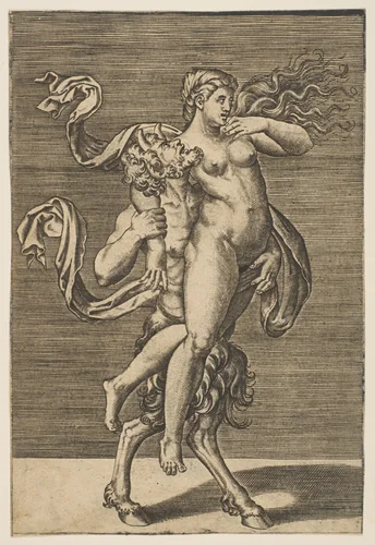 Satyr carrying a nymph restraining her right arm by anonymous, print, 1515-1600