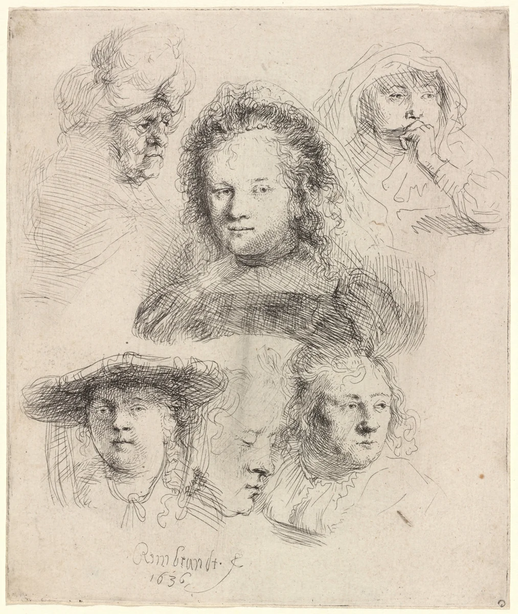 Studies of the Head of Saskia and Others by Rembrandt van Rijn, print, 1636