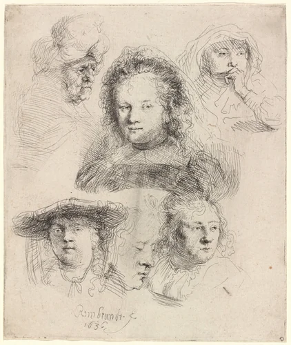 Studies of the Head of Saskia and Others by Rembrandt van Rijn, print, 1636