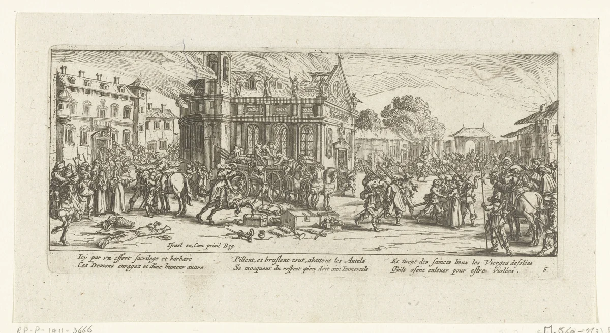 Soldaten plunderen een klooster by anonymous, print, 1677-1690