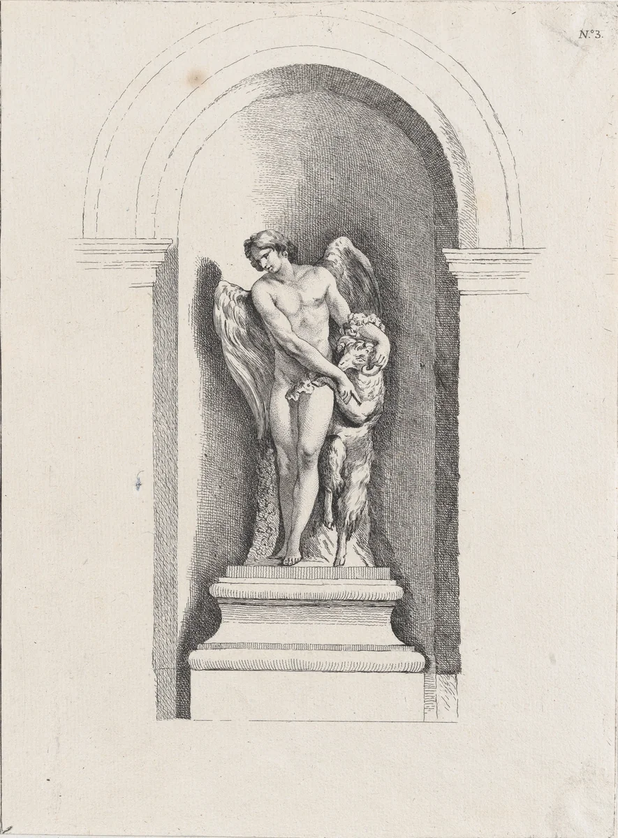 Standing male angel looking down to left and holding a ram; allegory of Summer; after a bas-relief on the Fontaine des Quatre-Saisons (Paris) by anonymous, print, 1745-1800
