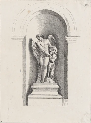 Standing male angel looking down to left and holding a ram; allegory of Summer; after a bas-relief on the Fontaine des Quatre-Saisons (Paris) by anonymous, print, 1745-1800
