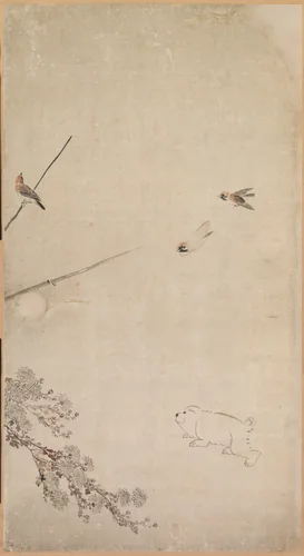 Puppies, Sparrows, and Chrysanthemums by Nagasawa Rosetsu (長澤蘆雪), painting, 1792-1794