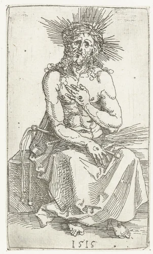 Christus als Man van Smarten, zittend by Albrecht Dürer, print, 1515