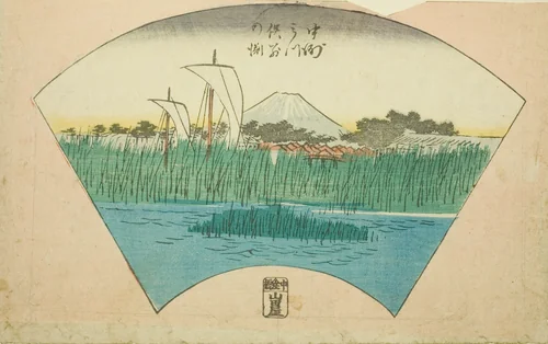 The Parting Depth of the Three-pronged River at Nakasu (Nakasu Mitsumata Wakarenofuchi), section of a sheet from the series "Cutout Pictures of Famous Places in Edo (Edo meisho harimaze zue)" by Utagawa Hiroshige (歌川広重), print, 1857