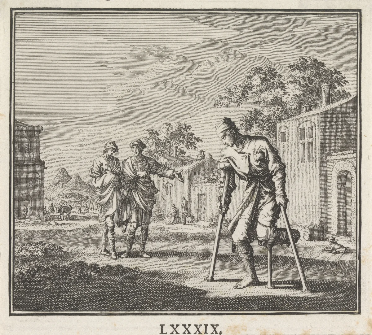 Embleen: man met krukken op straat by Jan Luyken, print, 1695-1705