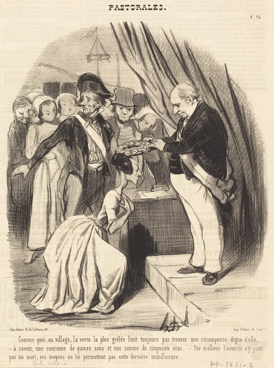 Comme quoi, au village, la vertu la plus grêlée... by Honoré Daumier, print, 1845
