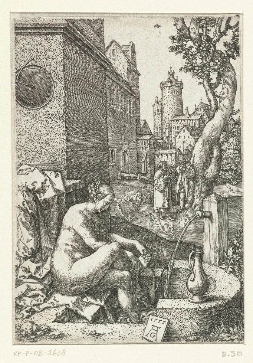 Susanna en de ouderlingen by Unknown, print, 1555