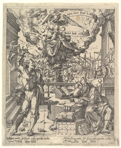 An Allegory of a Rich Man and a Poor Man (Der Lustige Arme und der Traurige Reiche) by Christoph Murer, print, 1596