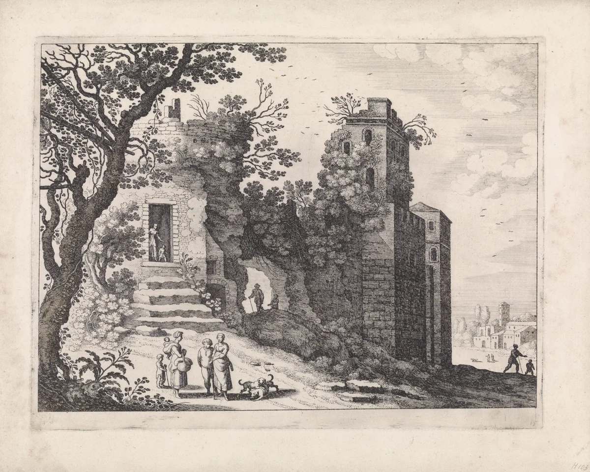 Ruïne met een groep vrouwen en kinderen by Guilliam van Nieulandt, print, 1594-1635