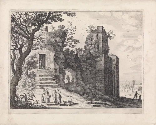 Ruïne met een groep vrouwen en kinderen by Guilliam van Nieulandt, print, 1594-1635