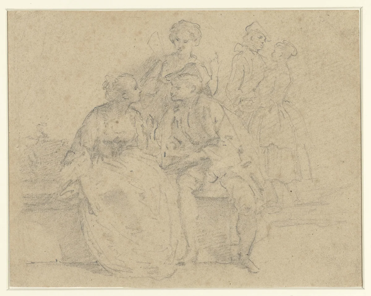 Zittend en staand paar in conversatie by anonymous, drawing, 1700-1800