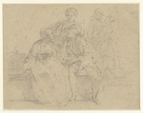 Zittend en staand paar in conversatie by anonymous, drawing, 1700-1800