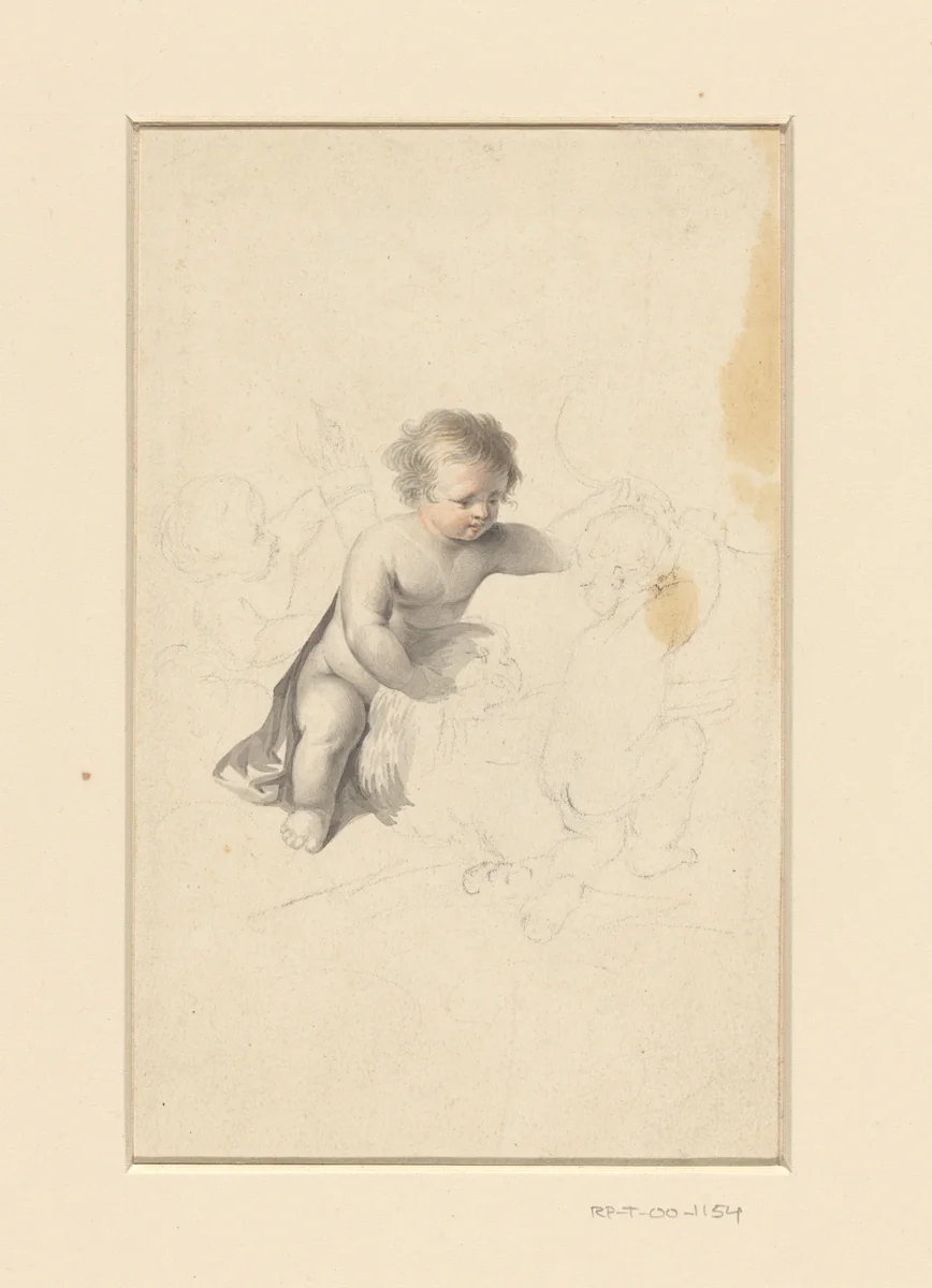 Drie putti met een fakkel, adelaar en boog by anonymous, drawing, 1800-1900