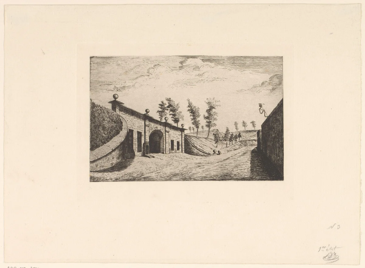 Gezicht op de poort van Nimy by Léon Dolez, print, 1875-1878