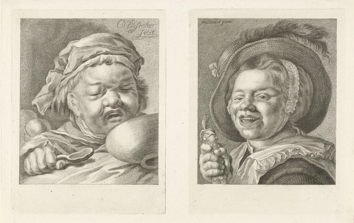 Huilend kind met nap / lachend meisje met pop by Pieter de Mare, print, 1768-1796