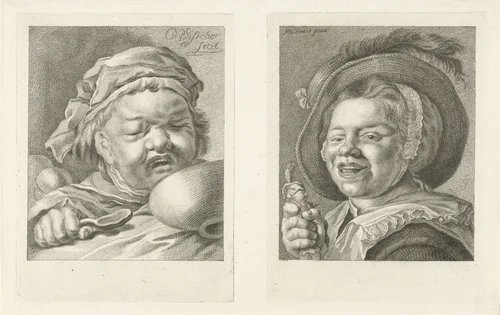 Huilend kind met nap / lachend meisje met pop by Pieter de Mare, print, 1768-1796