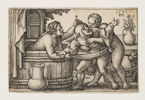 Buffoon and Two Women by Sebald Beham, print, 1541