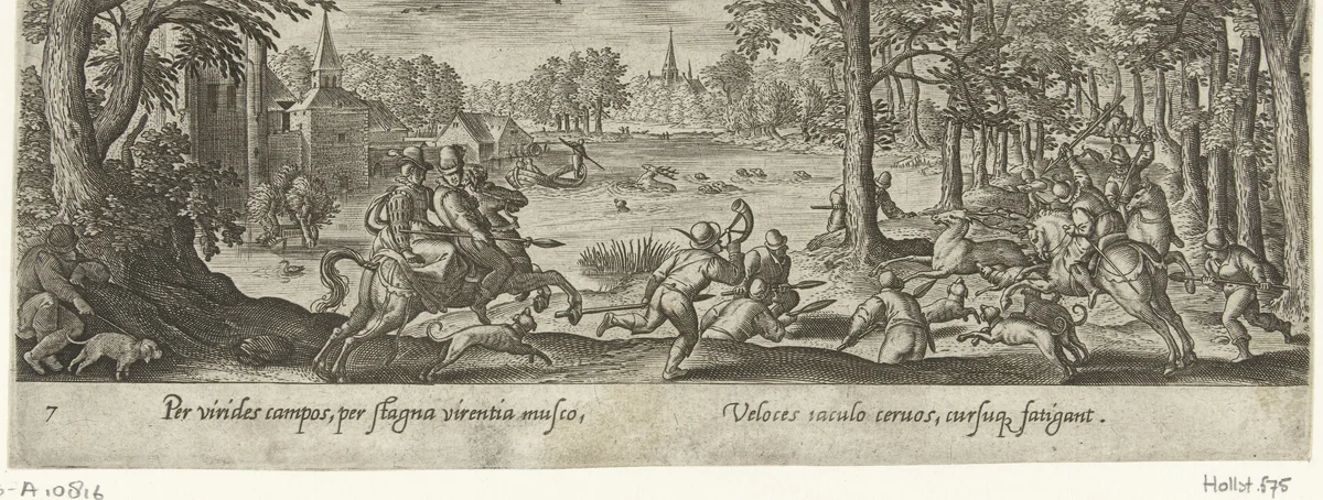 Hertenjacht met paarden by Unknown, print, 1582-1636
