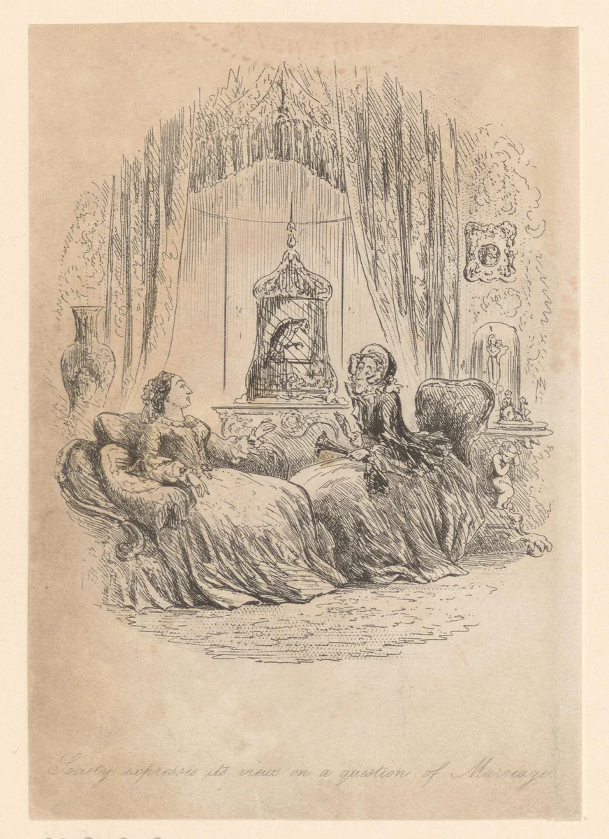 Mevrouw Merdle en mevrouw Gowan praten met elkaar in een zitkamer by Hablot Knight Browne, print, 1856