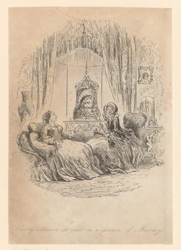 Mevrouw Merdle en mevrouw Gowan praten met elkaar in een zitkamer by Hablot Knight Browne, print, 1856
