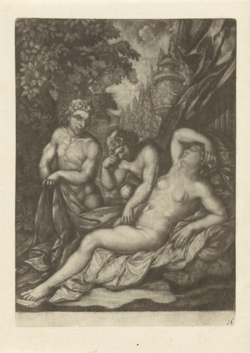 Twee saters bij een slapende nimf by Jan van Somer, print, 1655-1700