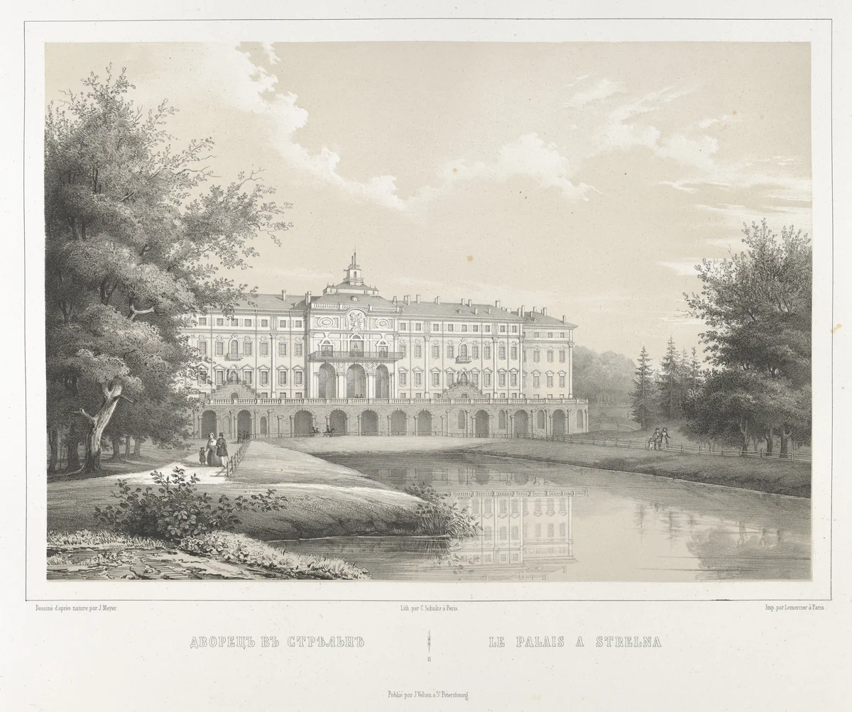 Le Palais à Strelna, from "Vues pittoresques des palais & jardins impériaux aux environs de St. Petersbourg" by J. Meyer, print, 1845-1855