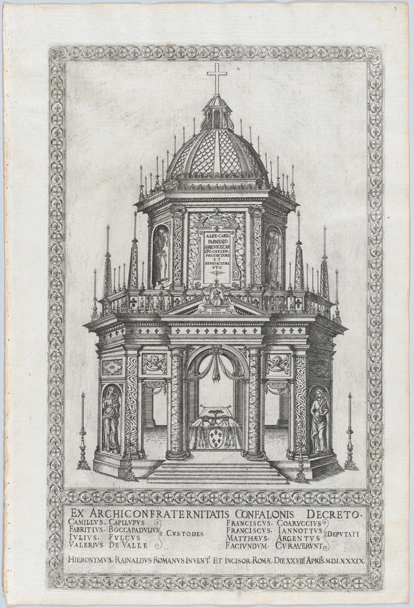 Catafalque for Cardinal Alessandro Farnese; from 'Libro De Catafalchi, Tabernacoli, con varij designi di Porte fenestre et altri ornamenti di Architettura' by Girolamo Rainaldi, book, 1589