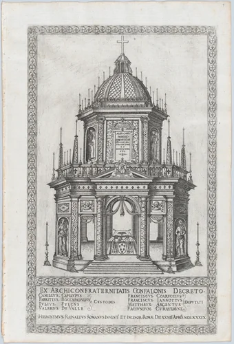 Catafalque for Cardinal Alessandro Farnese; from 'Libro De Catafalchi, Tabernacoli, con varij designi di Porte fenestre et altri ornamenti di Architettura' by Girolamo Rainaldi, book, 1589