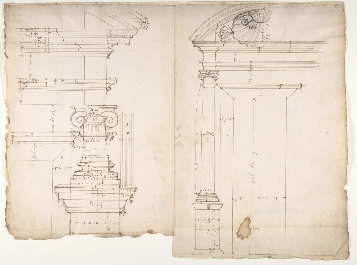 Palazzo dei Conservatori, window, elevation; window, details, elevation (recto) blank (verso) by anonymous, drawing, 1500-1560