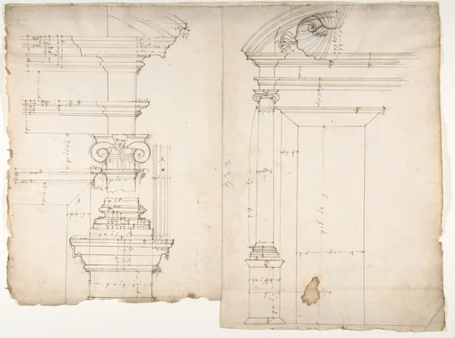 Palazzo dei Conservatori, window, elevation; window, details, elevation (recto) blank (verso) by anonymous, drawing, 1500-1560