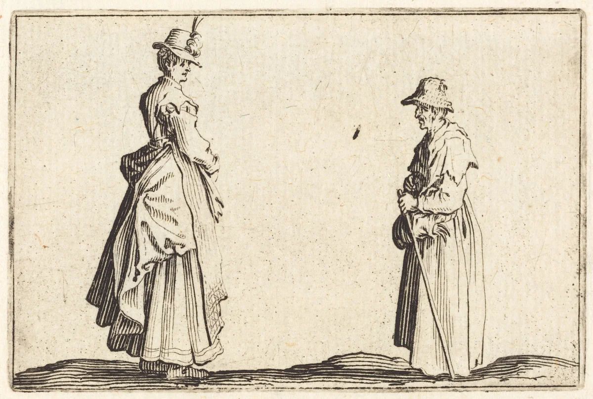 Two Women in Profile by Jacques Callot, print, 1622